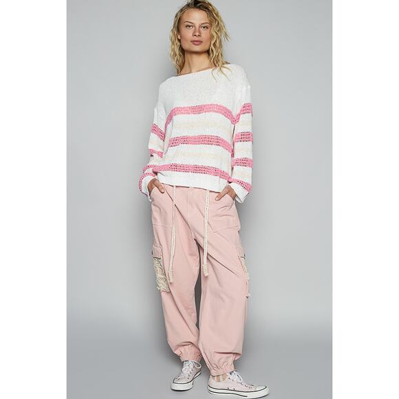 POL Striped Print Openwork Round Neck Relaxed Fit Knit Pullover Sweater | Ivory - Picture 6 of 6